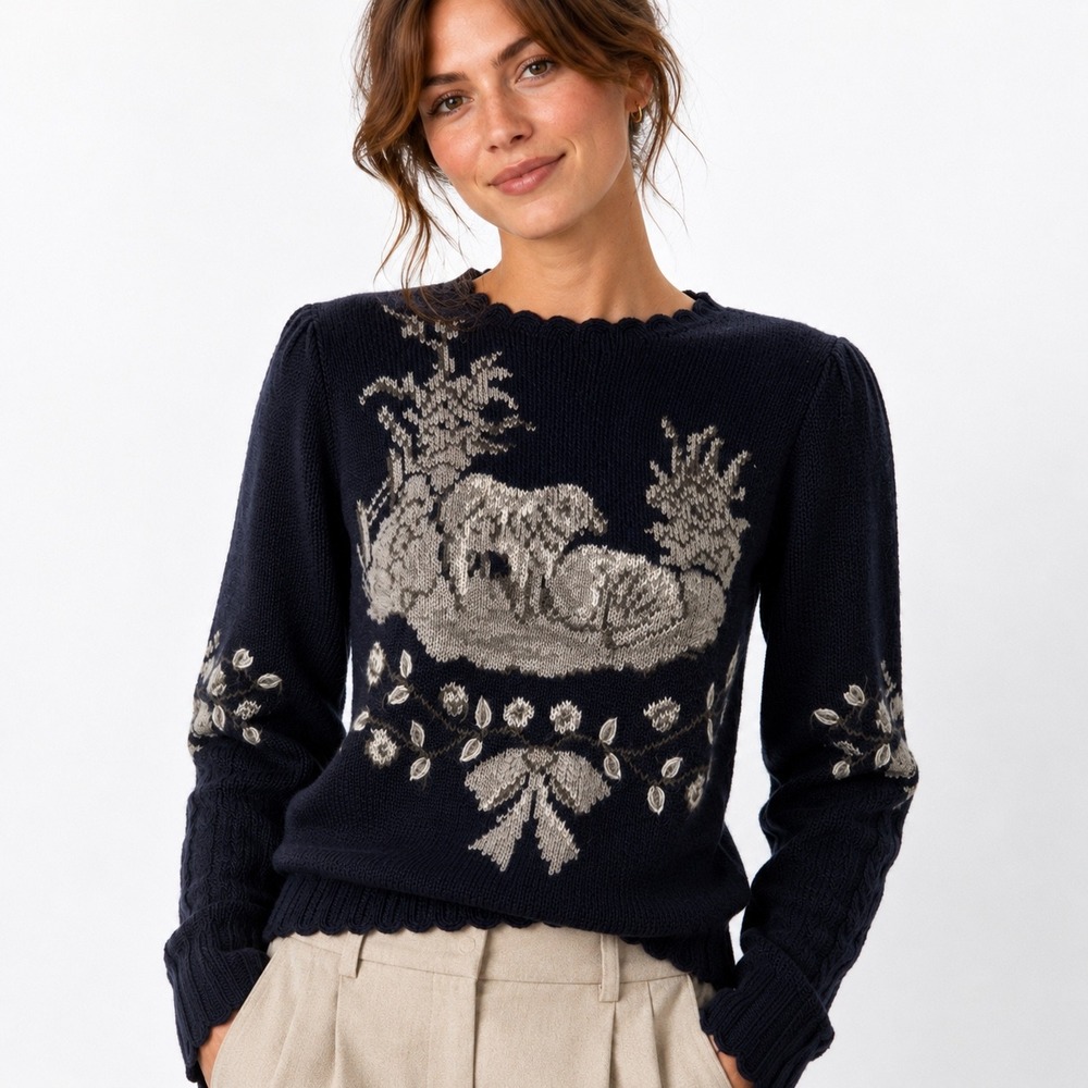 Herman Geist Sweater Women Small Vintage Hand Embroidered Wool Navy Blue Cottage